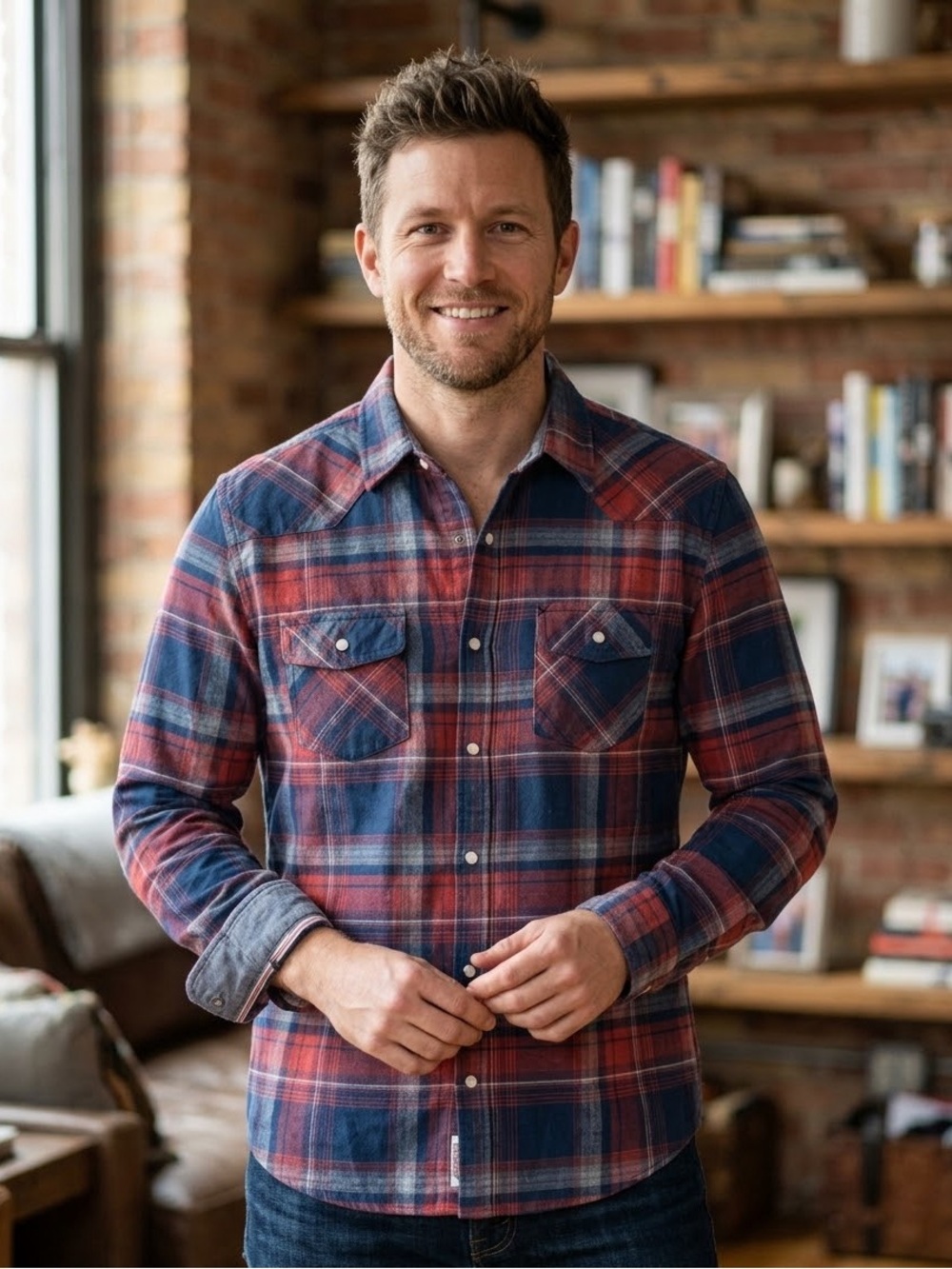 NWT Flag & Anthem Men's Medium Plaid Western Snap Button Down Shirt Flannel